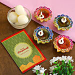 Decorative Diwali Diyas With Greeting Card And Rasgulla