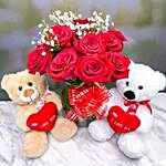 Lovely Red Roses Bunch With Teddies