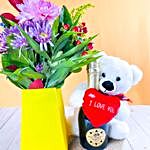 Mixed Flowers Bouquet With Teddy And Wine