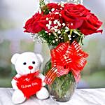 Ravishing Red Roses Bunch With Cute Teddy