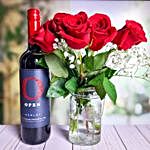 Red Roses Bunch And Red Wine