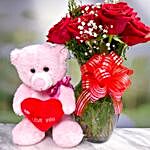 Red Roses Bunch With Adorable Teddy