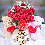 Red Roses Bunch With Teddy Bears And Ferrero Rocher