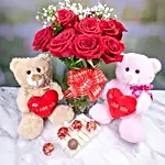 Red Roses Bunch With Teddy Bears And Lindt