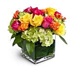 Mixed Roses And Hydrangeas Cubical Vase