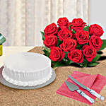 Red Roses Bouquet And Vanilla Cake