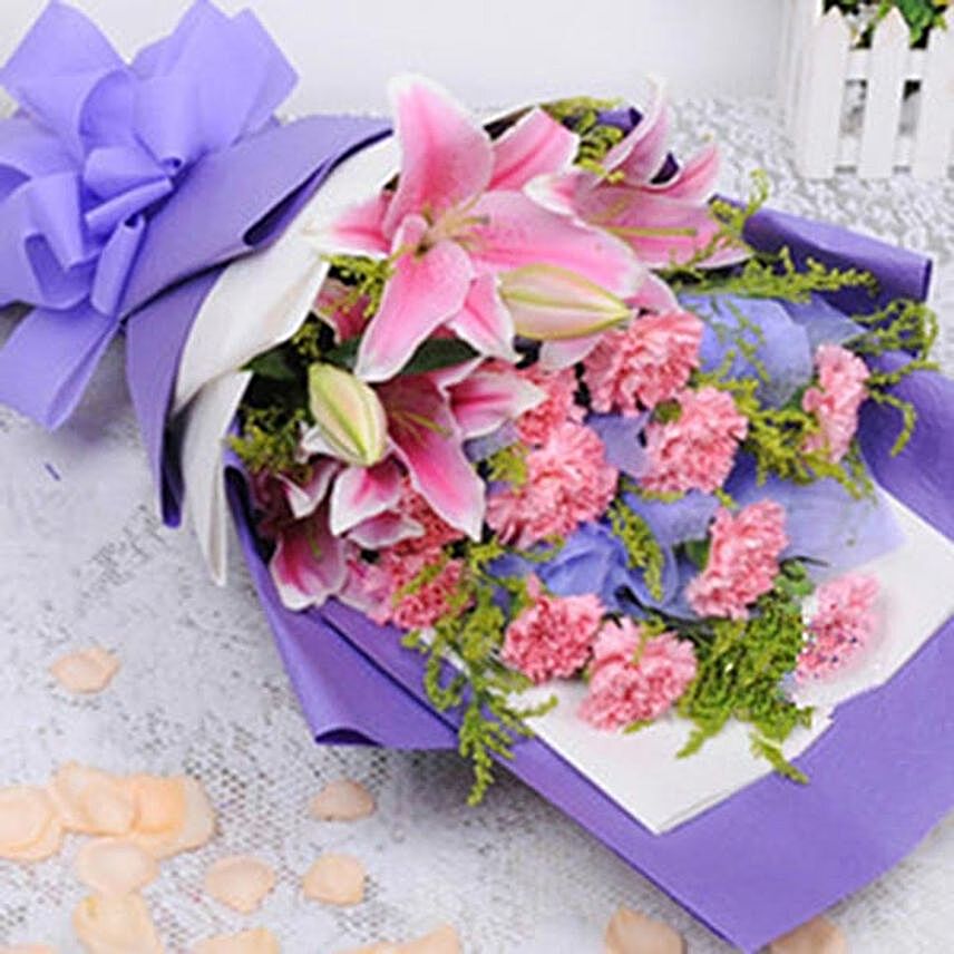 Filled With Care Carnations And Lilies Bouquet:Send Birthday Gifts to China