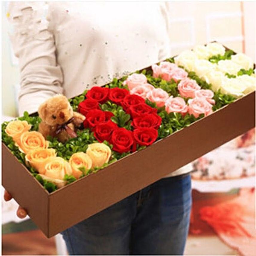Mixed Roses Love And Cute Teddy Box