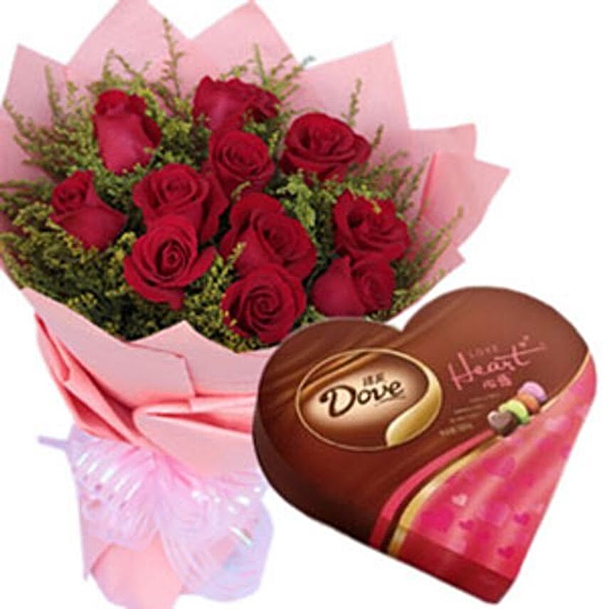 Romantic Red Roses Bouquet And Dove Chocolates