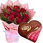Romantic Red Roses Bouquet And Dove Chocolates