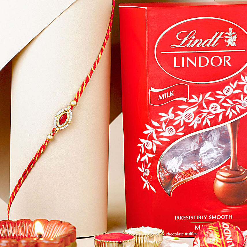 Red Gemstone Mauli Rakhi N Lindt Chocolate Combo