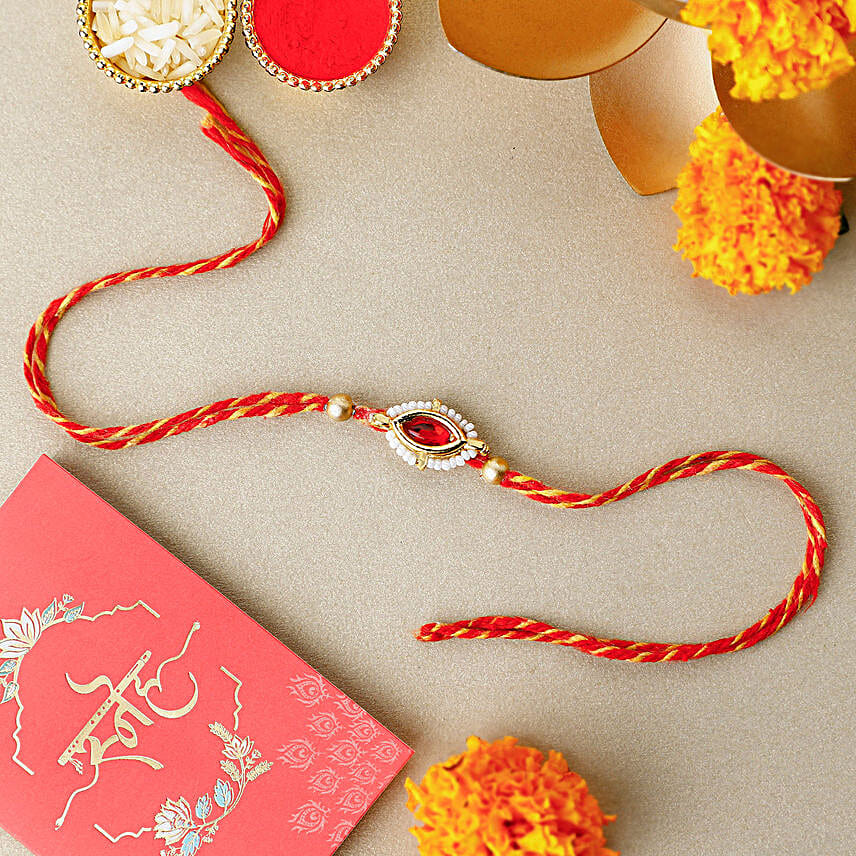 Red Gemstone Mauli Rakhi N Lindt Chocolate Combo