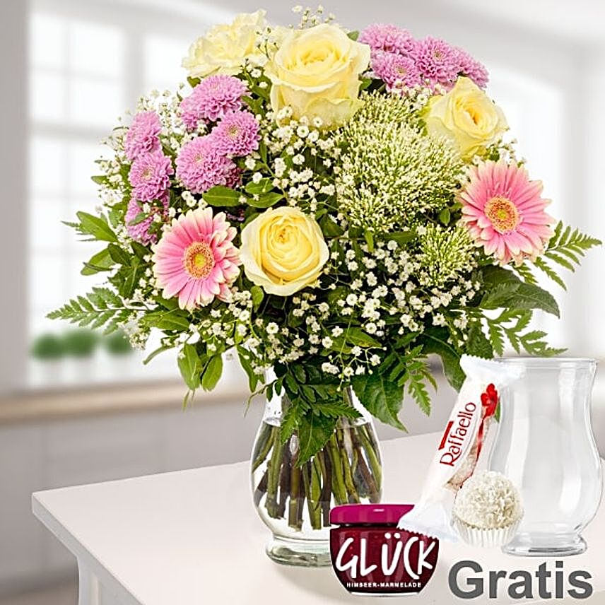 Graceful Mixed Flowers Vase And Free Ferrero Rocher