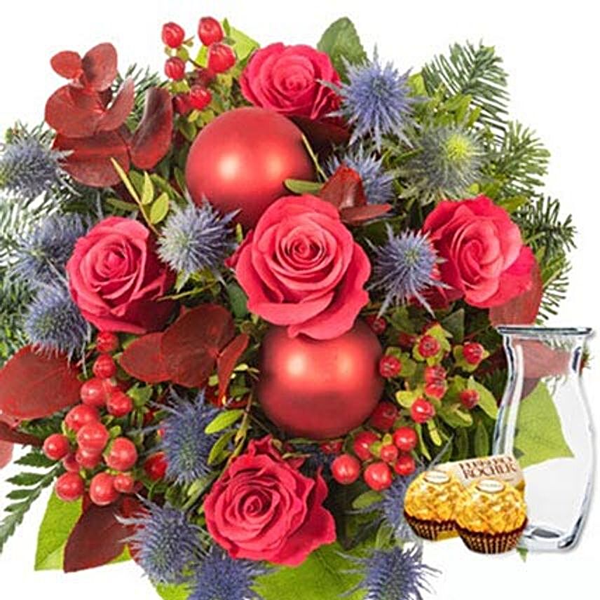 Flower Bouquet Wintersymphonie with vase and 2 Ferrero Rocher