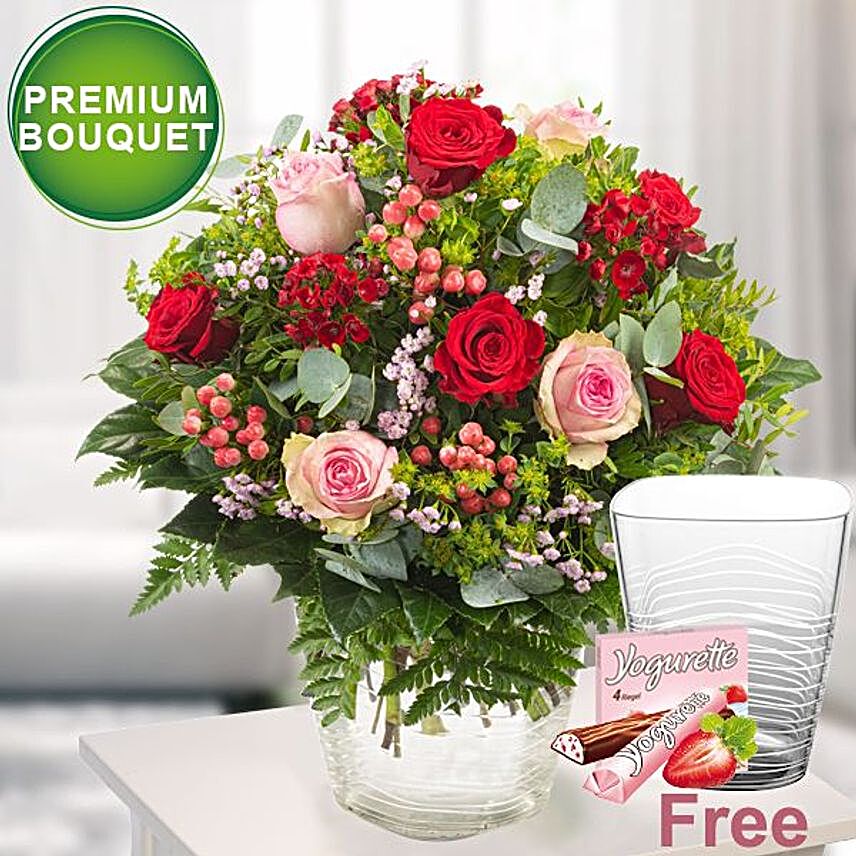 Premium Bouquet Fireworks With Premium Vase And Ferrero Yogurette:Send Valentines Day Flowers to Germany