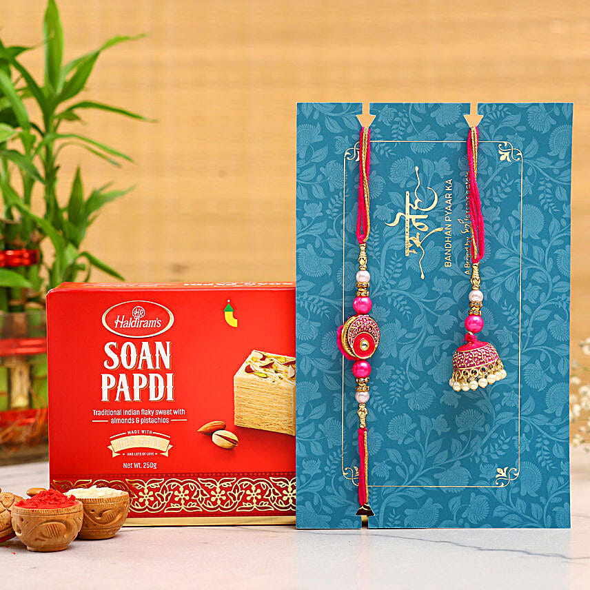 Meenakari Pearl Lumba Rakhi Set With Soan Papdi