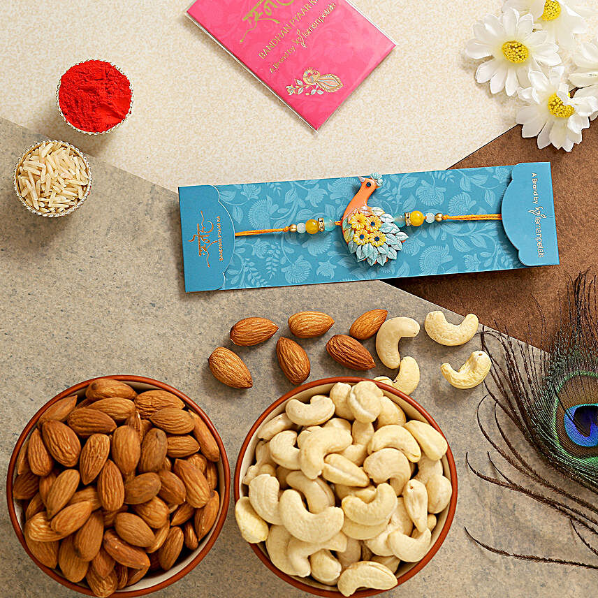 Peacock Kids Rakhi With Almonds And Cashew