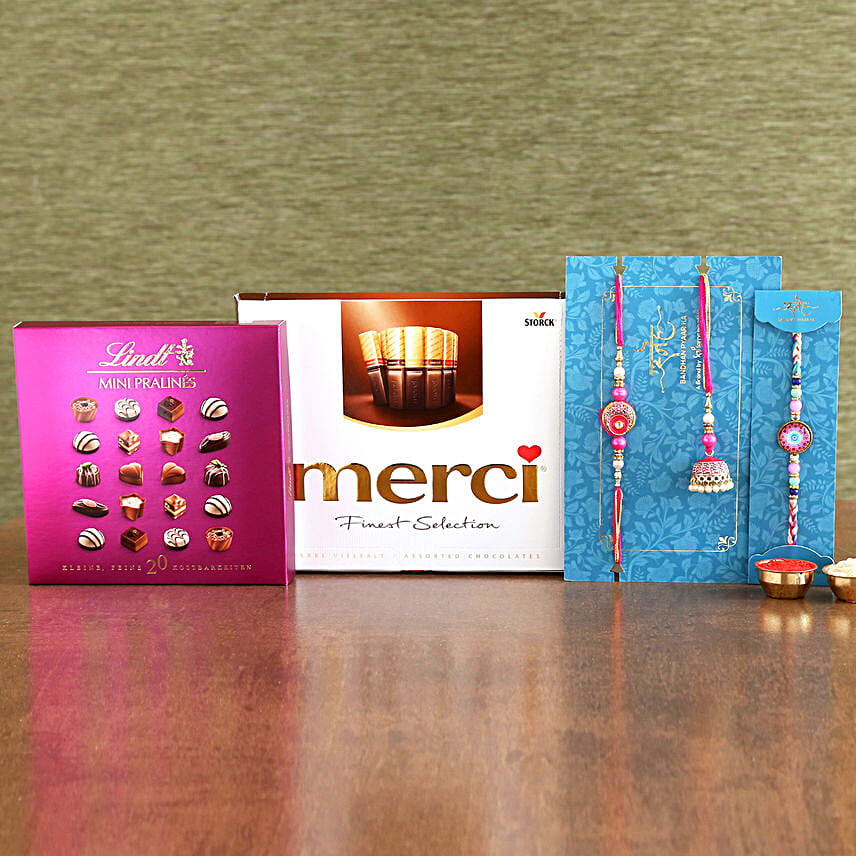 3 Classy Rakhis And Lindt Pralines Hamper