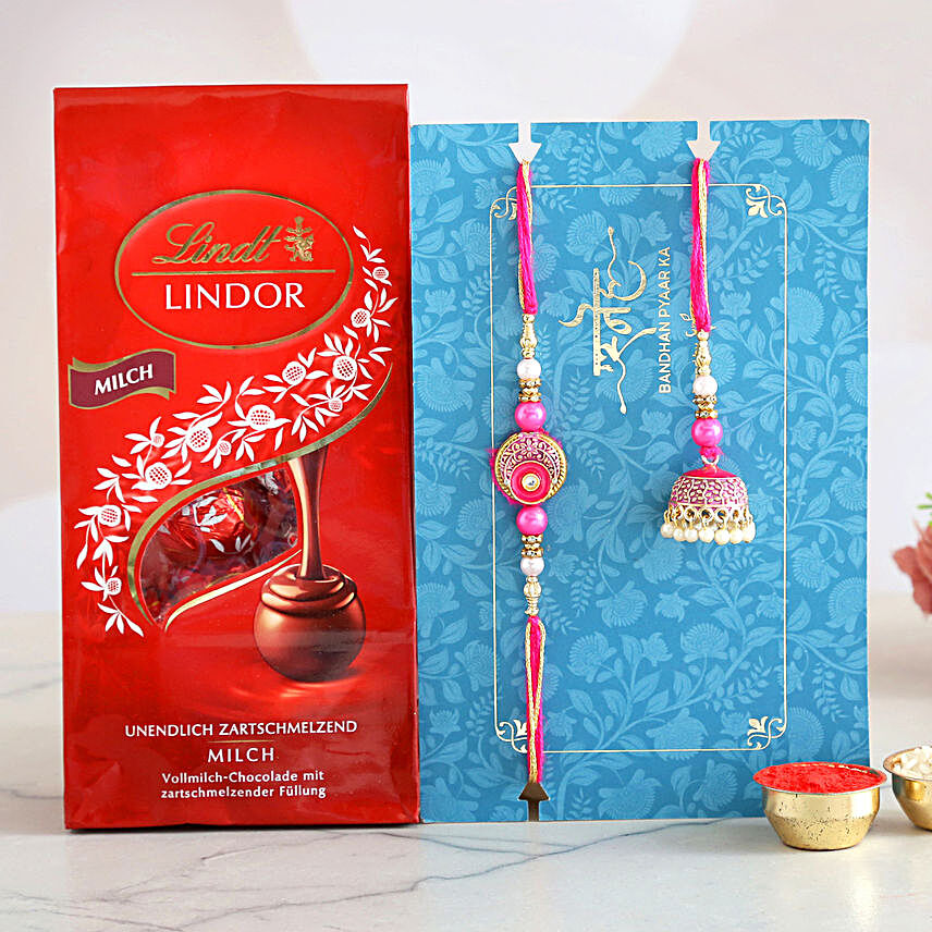 Meenakari Rakhi And Lindt Lindor Milch Chocolates:Rakhi for Bhaiya Bhabhi in Germany