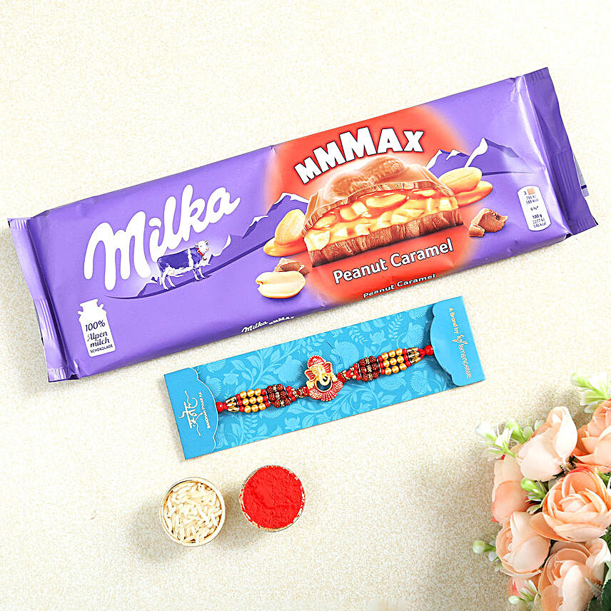 Ganesha Rudraksha Rakhi And Milka Peanut Chocolate