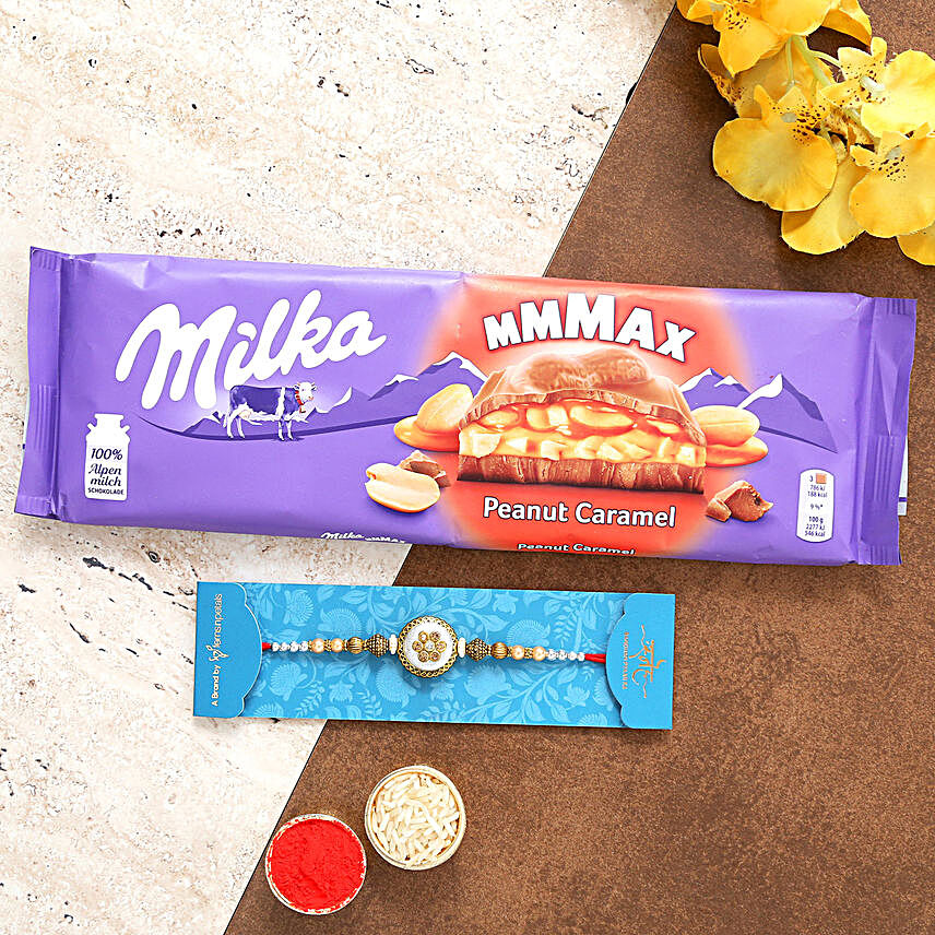 Designer Pearl Rakhi And Milka Peanut Chocolate