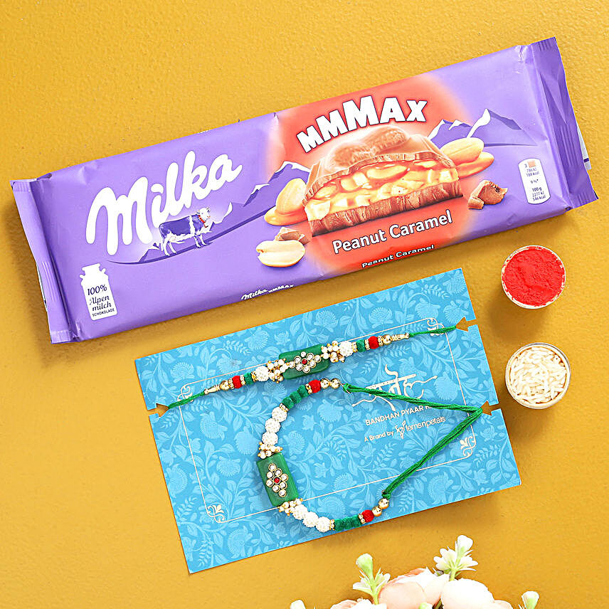 Green Lumba Rakhi Set And Milka Peanut Chocolate