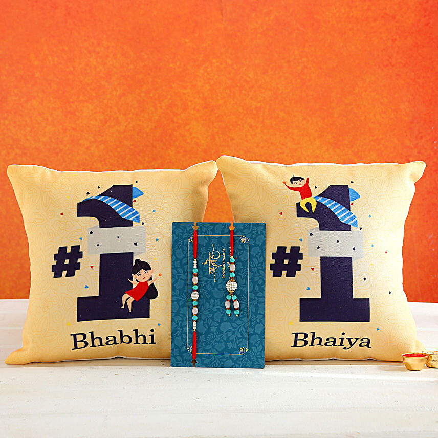 Blue Lumba Rakhi Set And 2 Bhaiya Bhabhi Cushions:Send Rakhi for Bhaiya Bhabhi to Germany