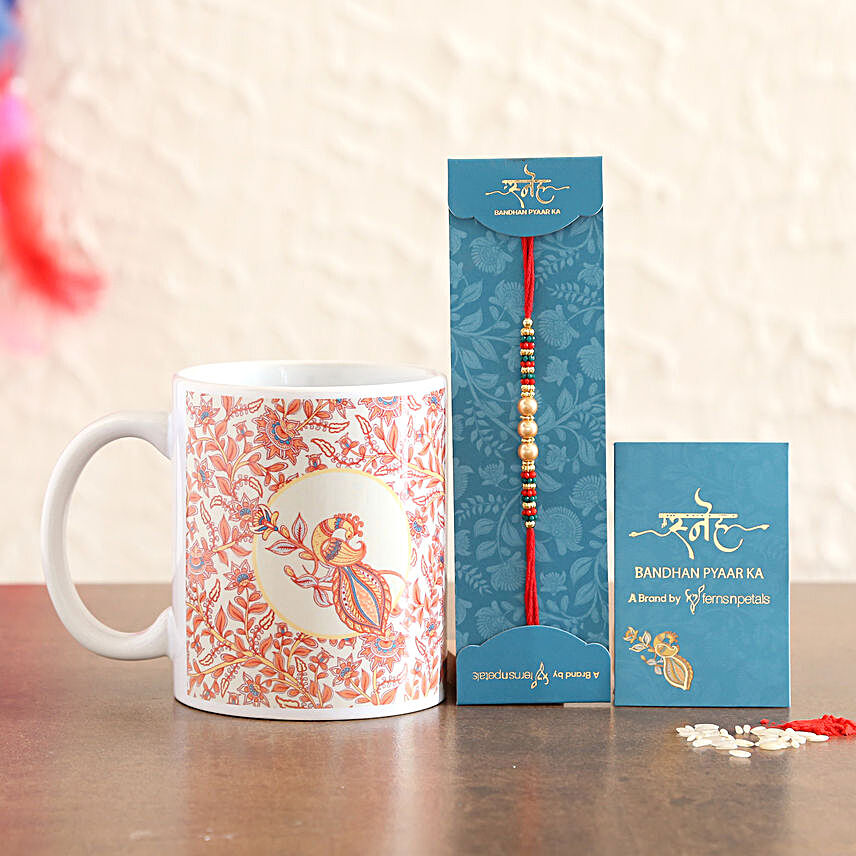Pearl Rakhi And Printed Mug Combo