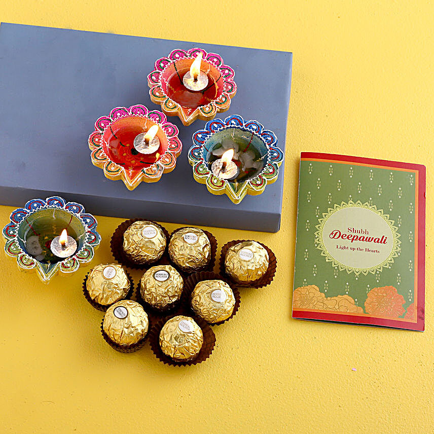 Decorative Diyas With Greeting Card And Ferrero Rocher