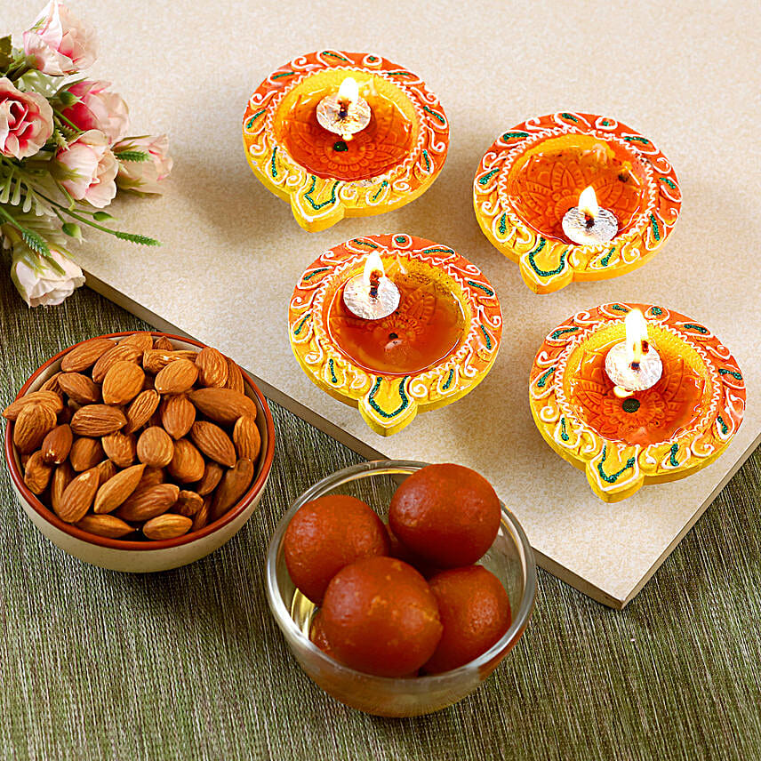 Designer Diyas With Almonds And Gulab Jamun