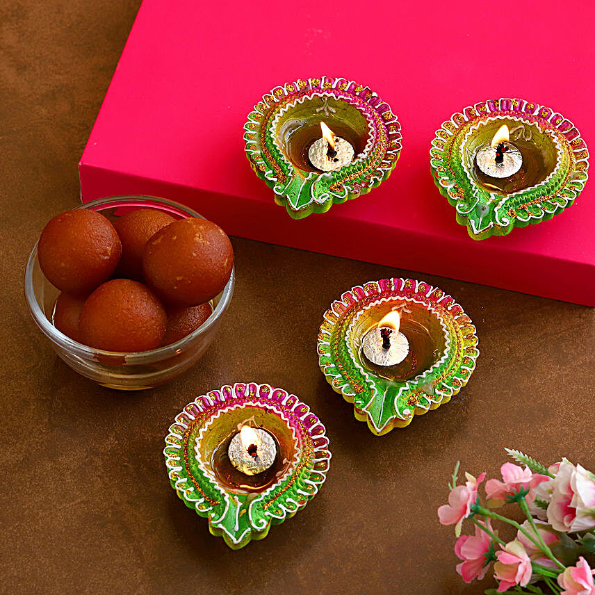 Decorative Floral Diyas With Gulab Jamun:Diwali Gift Delivery in Germany