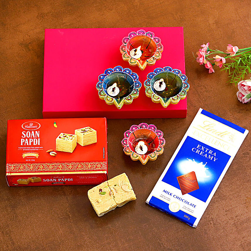 Designer Diwali Diyas With Lindt Chocolate And Soan Papdi:Sweets to Germany