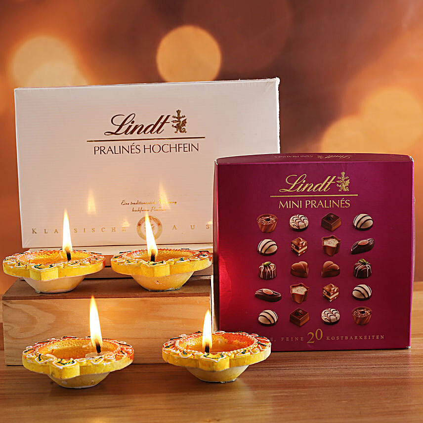 Set Of 4 Multicoloured Diyas And Lindt Chocolates