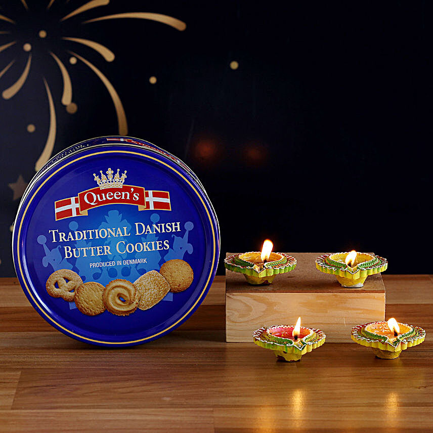 Set O 4 Colourful Diyas And Danish Butter Cookies
