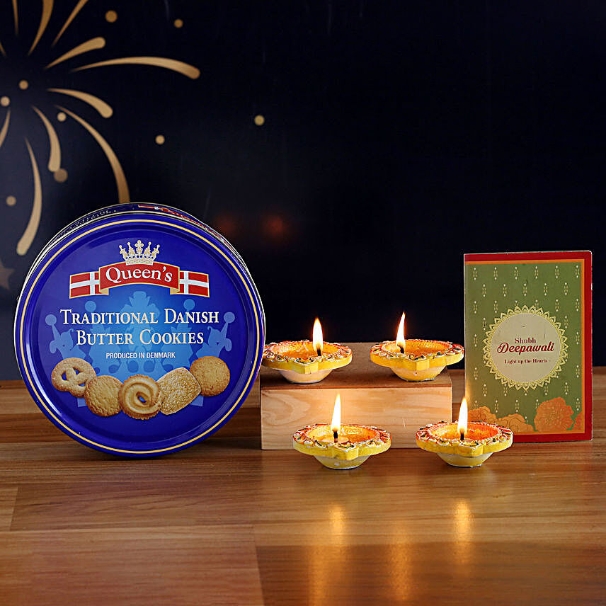 Set O 4 Traditional Diyas And Danish Butter Cookies:Diwali Gifts to Germany
