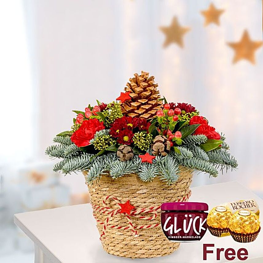 Christmas Flowers Basket With Ferrero Rocher And Jam:Christmas Gift Delivery Germany