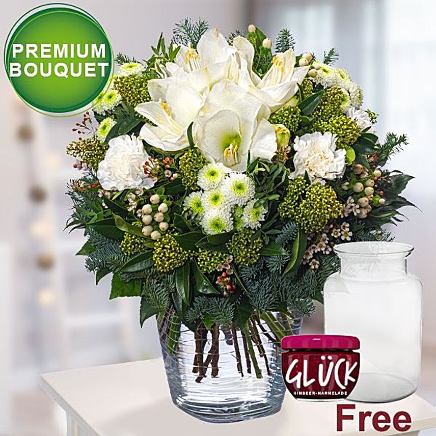 Premium Flowers With Vase And Gluck Jam:Send Christmas Gifts to Germany