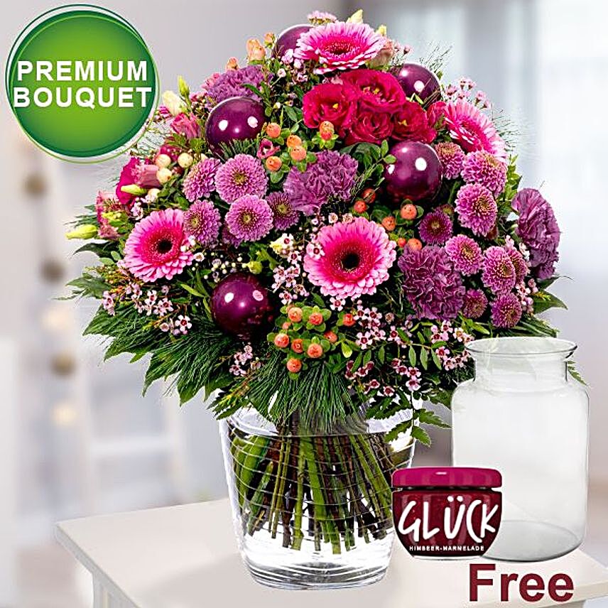 Vibrant Flowers With Premium Vase And Gluck Jam