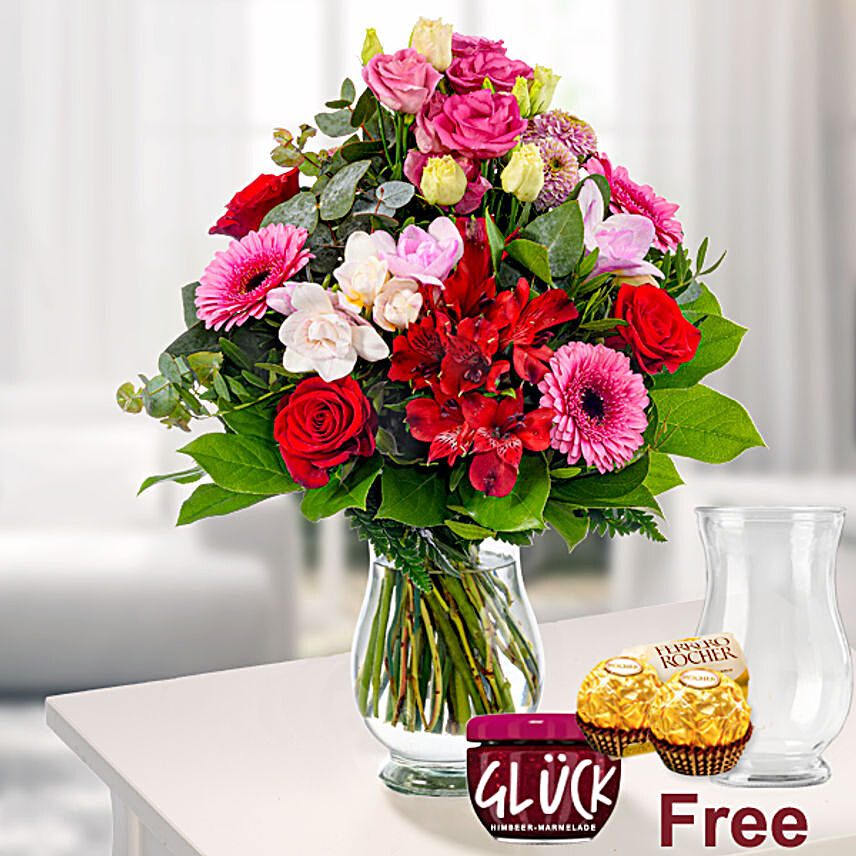 Blissful Mixed Flowers Bouquet With Jam And Chocolates