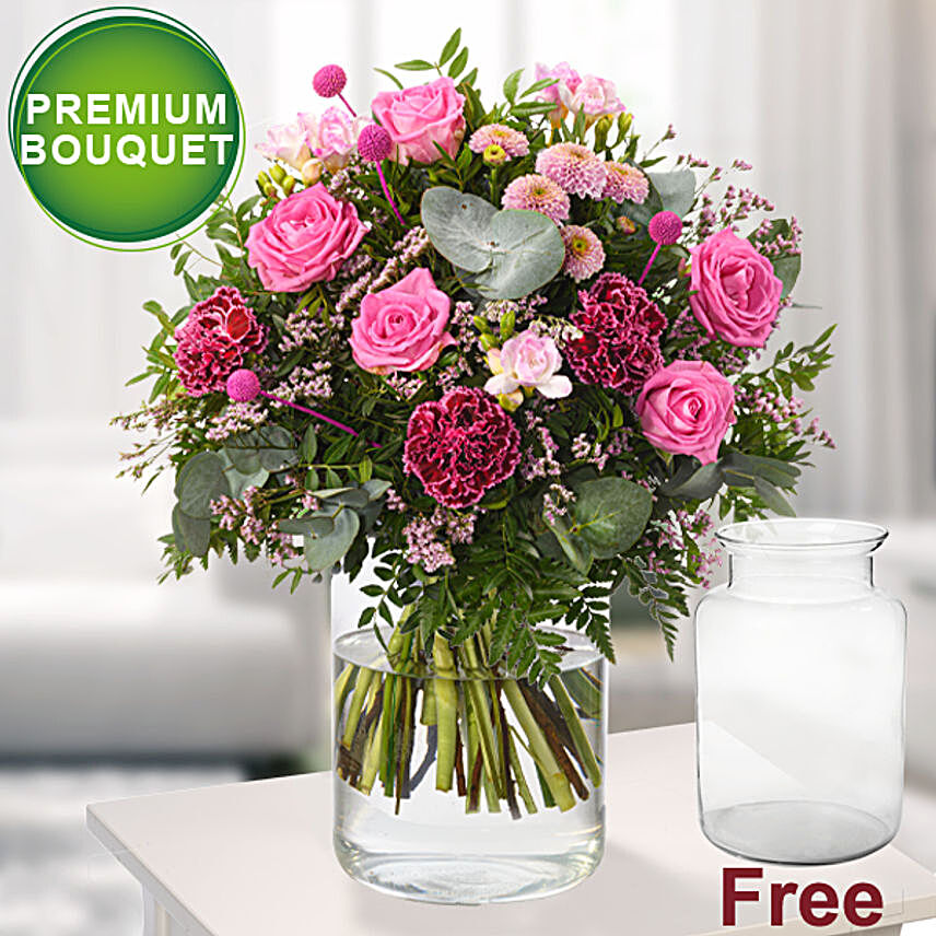 Colourful Mixed Flowers Bouquet With Free Vase:Carnation Flowers to Germany