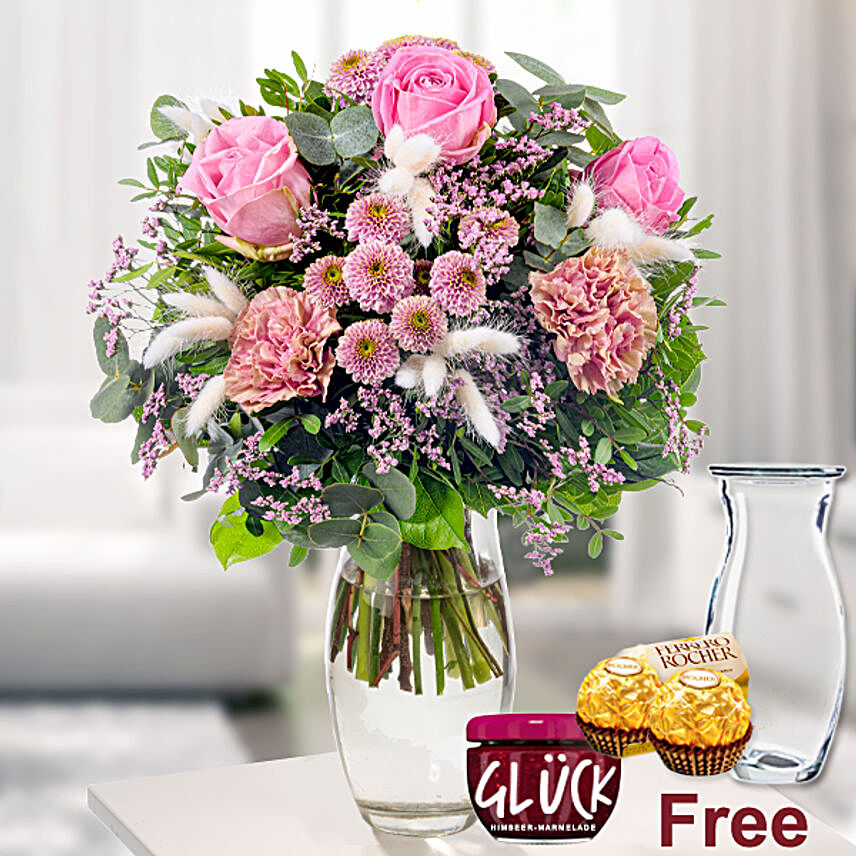 Gracious Mixed Flowers Bouquet With Jam And Chocolates