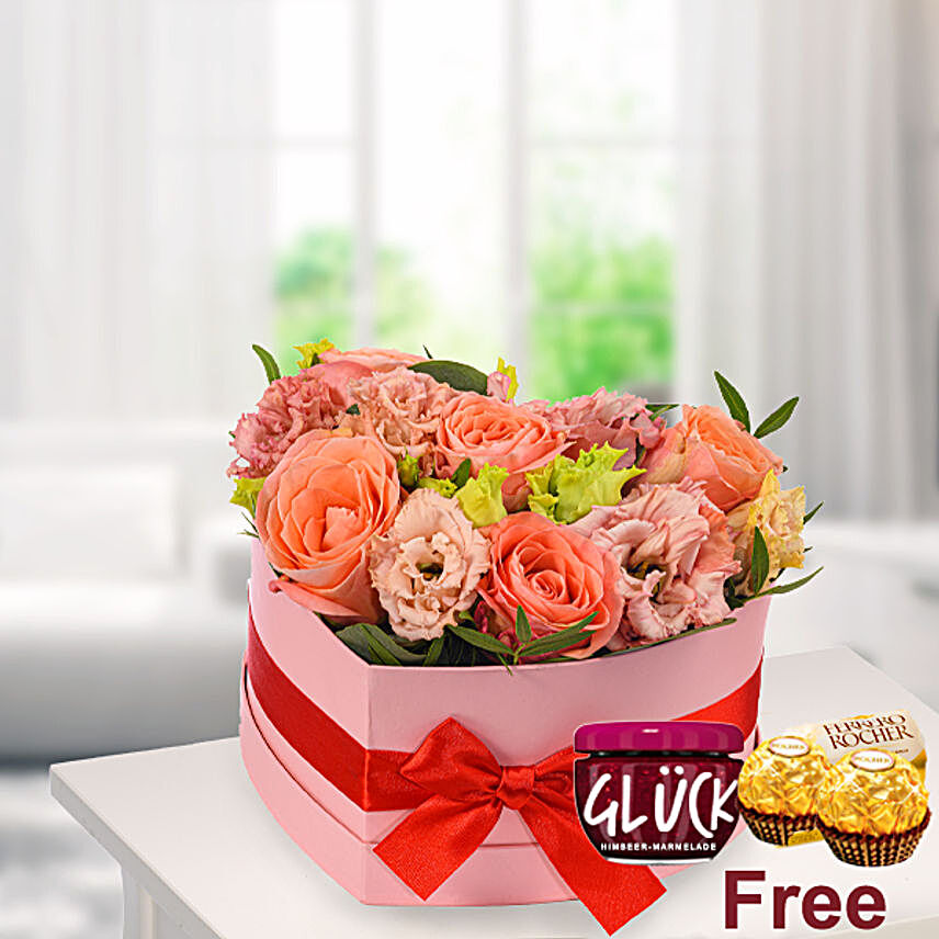 Heavenly Mixed Flowers Box With Jam And Chocolates:Send Roses to Germany