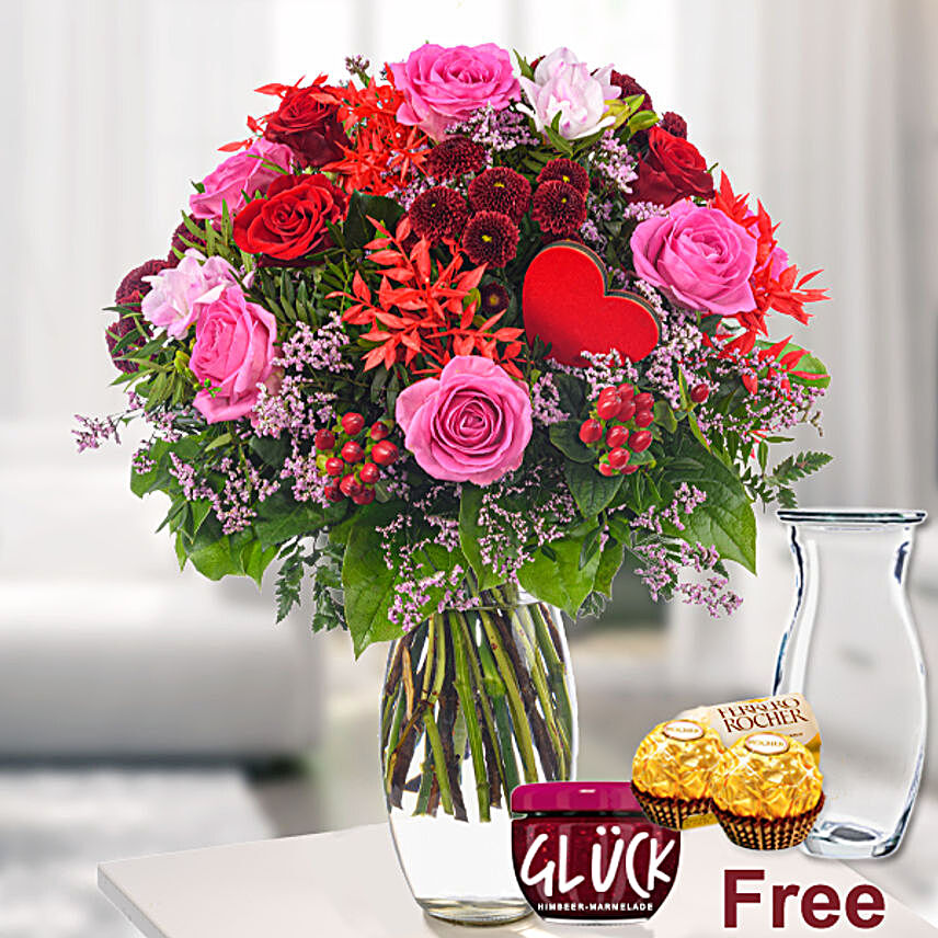 Joyous Mixed Flowers Bouquet With Jam And Chocolates:Rose Delivery in Germany