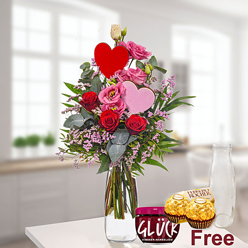 Lovely Mixed Flowers Bouquet With Jam And Chocolates