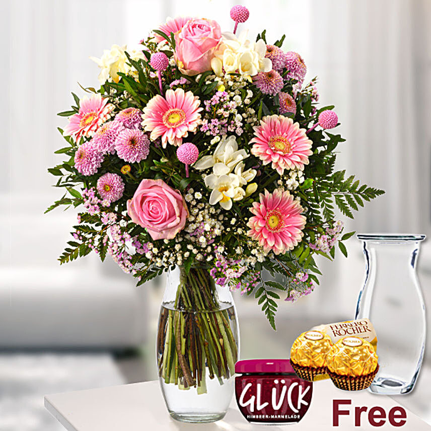 Serene Mixed Flowers Bouquet With Free Gifts:Send Mixed Flowers To Germany