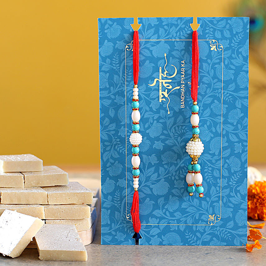 Blue Pearl And Lumba Rakhi Set With 340 Gms Kaju Katli