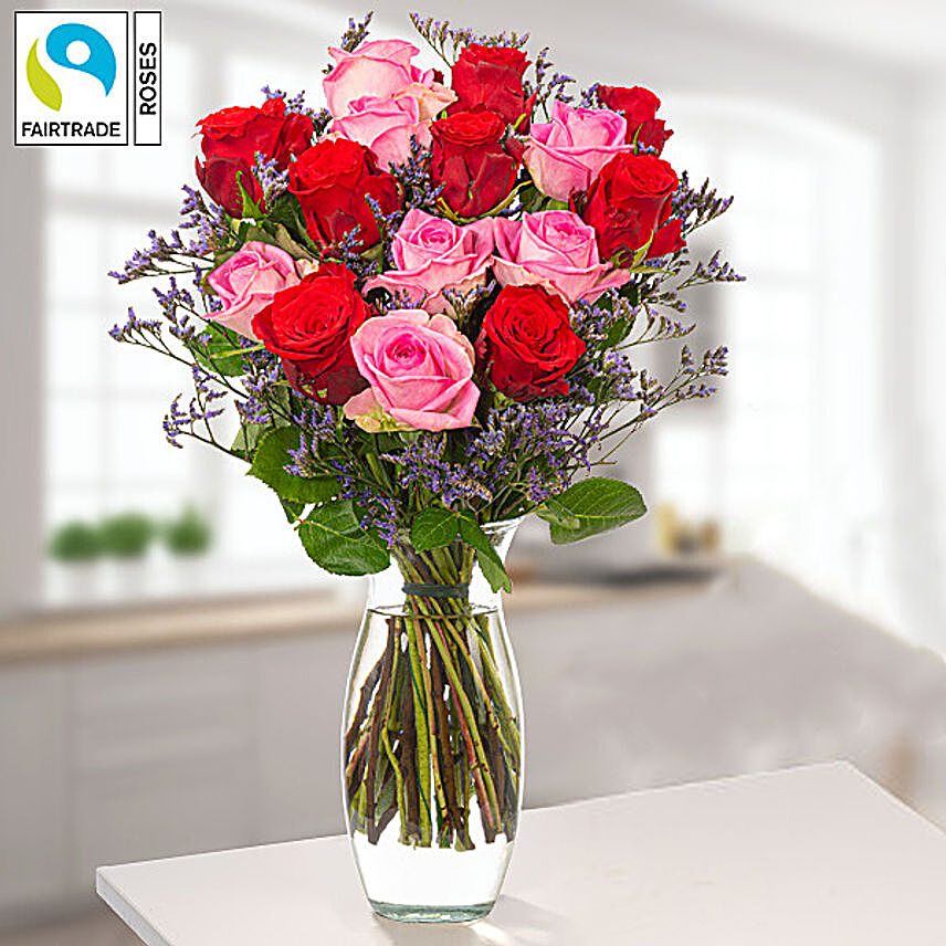 Bunch Of Roses N Blue Limonium With Free Vase