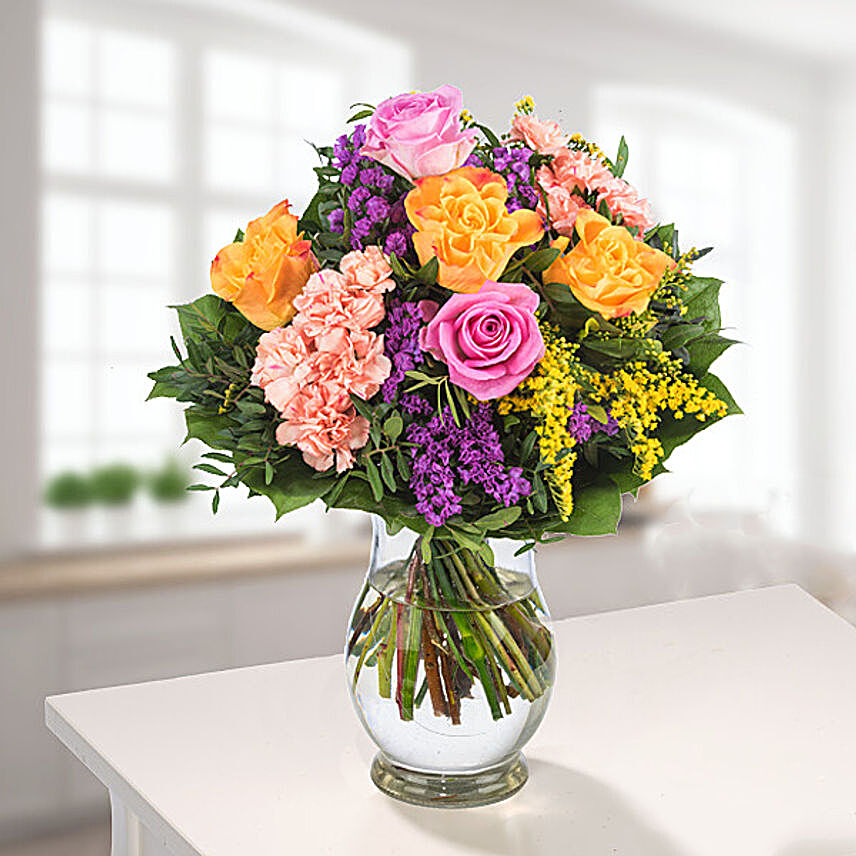Colourful Floral Bunch With Free Vase & Chocolates:Mixed Flowers to Germany