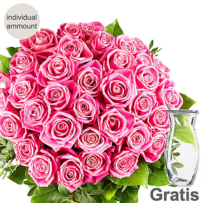 Elegant Pink Roses Bunch With Free Vase