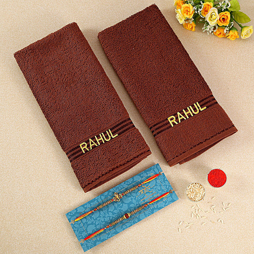Set Of 2 Divine Rakhis and Personalised Hand Towels